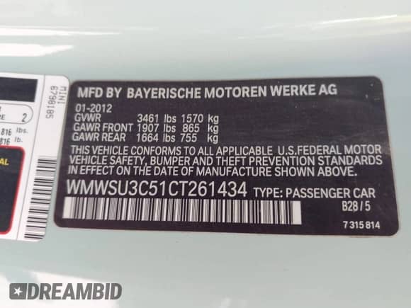 2012 MINI Hardtop with VIN WMWSU3C51CT261434, listed as a IAAI auction lot 42569468 with 100,930 mi miles and . Bid and sale history available at DreamBid. Image 9.