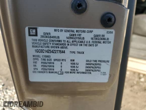 2004 Chevrolet Silverado 1500 Work Truck with VIN 1GCEC14Z54Z277644, listed as a Copart auction lot 45293905 with Not provided miles and Clean title. Bid and sale history available at DreamBid. Image 14.