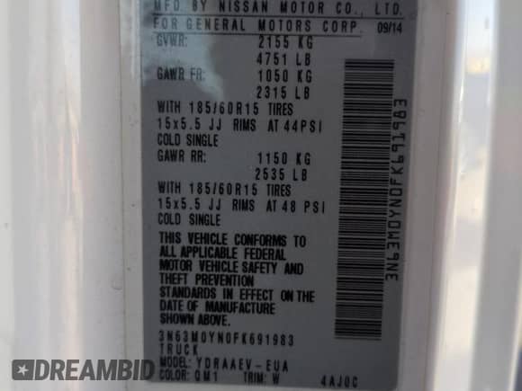 2015 Chevrolet City Express Cargo LS с VIN 3N63M0YN0FK691983, выставлен на аукционе Copart как лот 51804305 с пробегом 134 175 миль миль и Списание • Salvage title. История ставок и продаж доступна на DreamBid. Изображение 14.