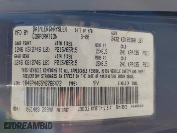 2000 Dodge Caravan SE with VIN 1B4GP44G5YB766473, listed as a IAAI auction lot 42808350 with Not provided miles and . Bid and sale history available at DreamBid. Image 9.