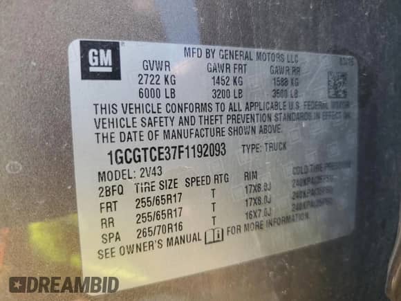 2015 Chevrolet Colorado 4WD Z71 with VIN 1GCGTCE37F1192093, listed as a Copart auction lot 64252255 with 103,982 mi miles and Salvage title. Bid and sale history available at DreamBid. Image 12.