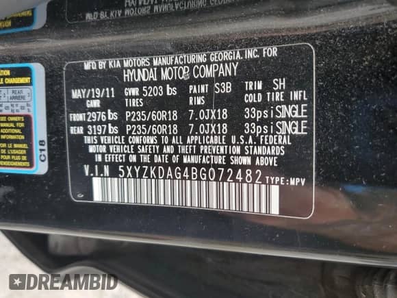 2011 Hyundai Santa Fe Limited с VIN 5XYZKDAG4BG072482, выставлен на аукционе Copart как лот 82022415 с пробегом 128 203 миль миль и Списание • Salvage title. История ставок и продаж доступна на DreamBid. Изображение 13.