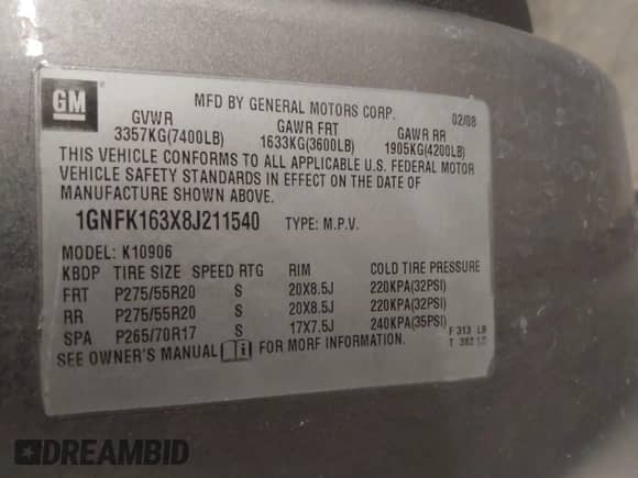 2008 Chevrolet Suburban 3LT z VIN 1GNFK163X8J211540, wystawiony jako IAAI lot #41992019 z przebiegiem 334 866 mil mil oraz . Historia ofert i sprzedaży dostępna na DreamBid. Obrazek 9.