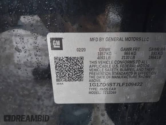 2020 Chevrolet Malibu LT with VIN 1G1ZD5ST7LF109422, listed as a IAAI auction lot 43273856 with 77,682 mi miles and . Bid and sale history available at DreamBid. Image 9.