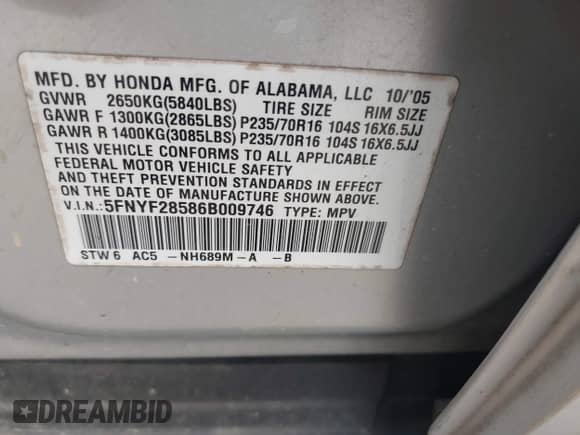 2006 Honda Pilot EX-L z VIN 5FNYF28586B009746, wystawiony jako IAAI lot #43229294 z przebiegiem 313 951 mil mil oraz . Historia ofert i sprzedaży dostępna na DreamBid. Obrazek 9.