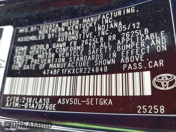 2012 Toyota Camry LE with VIN 4T4BF1FKXCR224848, listed as a IAAI auction lot 43560557 with Not provided miles and . Bid and sale history available at DreamBid. Image 9.