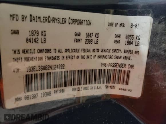 2002 Dodge Stratus SE с VIN 1B3EL36X82N124222, выставлен на аукционе Copart как лот 75369414 с пробегом 61 832 миль миль и На запчасти • Non repairable. История ставок и продаж доступна на DreamBid. Изображение 12.