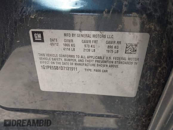 2013 Chevrolet Cruze 2LT z VIN 1G1PE5SB1D7131911, wystawiony jako IAAI lot #43106716 z przebiegiem 141 318 mil mil oraz . Historia ofert i sprzedaży dostępna na DreamBid. Obrazek 9.