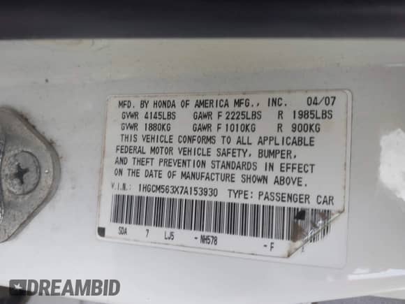 2007 Honda Accord LX SE with VIN 1HGCM563X7A153930, listed as a IAAI auction lot 43276894 with 226,236 mi miles and . Bid and sale history available at DreamBid. Image 9.