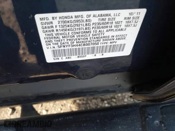 2012 Honda Pilot EX z VIN 5FNYF3H44CB007050, wystawiony jako IAAI lot #43316821 z przebiegiem 167 675 mil mil oraz . Historia ofert i sprzedaży dostępna na DreamBid. Obrazek 9.