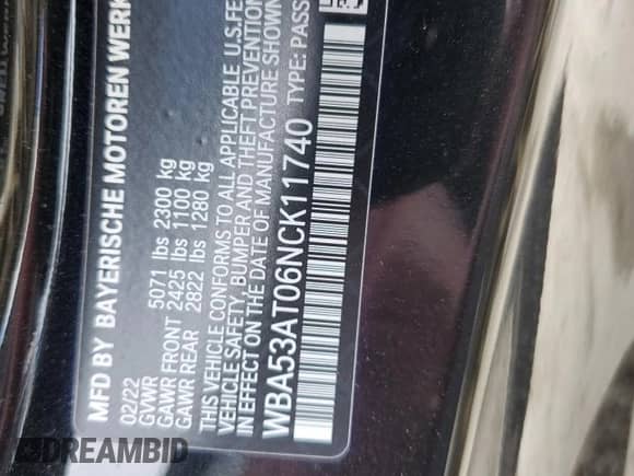 2022 BMW 4 Series M440i with VIN WBA53AT06NCK11740, listed as a Copart auction lot 63387673 with 10,184 mi miles and . Bid and sale history available at DreamBid. Image 12.