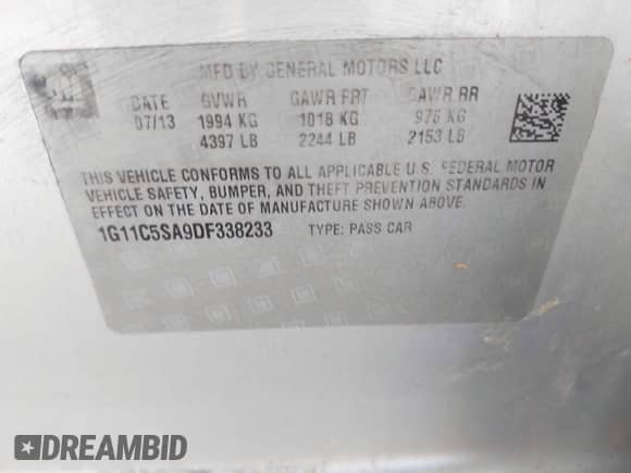 2013 Chevrolet Malibu LT with VIN 1G11C5SA9DF338233, listed as a IAAI auction lot 43398903 with 158,894 mi miles and . Bid and sale history available at DreamBid. Image 9.