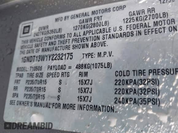 2000 Chevrolet Blazer LT with VIN 1GNDT13W1Y2232175, listed as a IAAI auction lot 43492804 with 210,604 mi miles and . Bid and sale history available at DreamBid. Image 9.