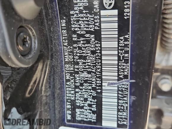 2012 Toyota Camry XLE с VIN 4T1BF1FK9CU134567, выставлен на аукционе Copart как лот 67221285 с пробегом 170 906 миль миль и Чистый • Clean title. История ставок и продаж доступна на DreamBid. Изображение 12.