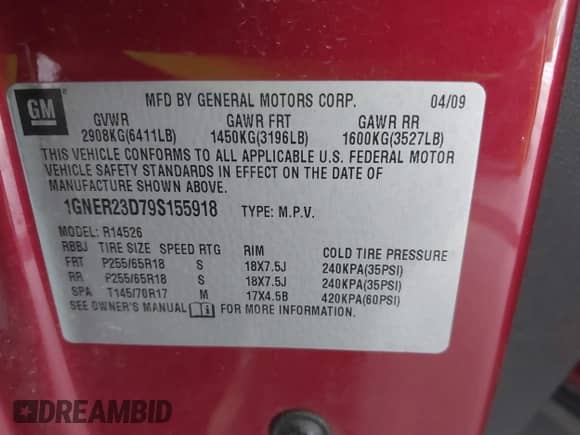 2009 Chevrolet Traverse 1LT with VIN 1GNER23D79S155918, listed as a IAAI auction lot 42590328 with 185,627 mi miles and . Bid and sale history available at DreamBid. Image 9.