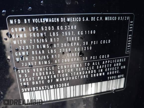 2020 Volkswagen Tiguan S с VIN 3VV1B7AX7LM133084, выставлен на аукционе IAAI как лот 42597631 с пробегом 84 415 миль миль и . История ставок и продаж доступна на DreamBid. Изображение 9.