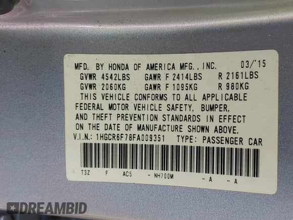 2015 Honda Accord Touring z VIN 1HGCR6F78FA009351, wystawiony jako IAAI lot #42019499 z przebiegiem 159 651 mil mil oraz . Historia ofert i sprzedaży dostępna na DreamBid. Obrazek 9.