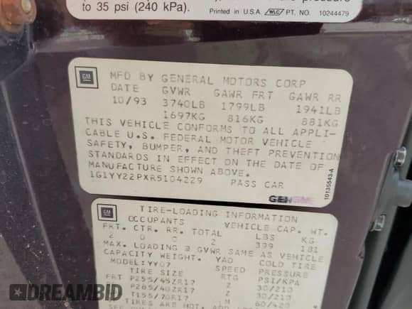 1994 Chevrolet Corvette with VIN 1G1YY22PXR5104229, listed as a Copart auction lot 74204594 with Not provided miles and Salvage title. Bid and sale history available at DreamBid. Image 13.