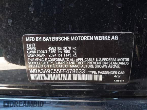2014 BMW 3 Series 335i with VIN WBA3A9C55EF478633, listed as a IAAI auction lot 42809407 with 88,696 mi miles and . Bid and sale history available at DreamBid. Image 9.