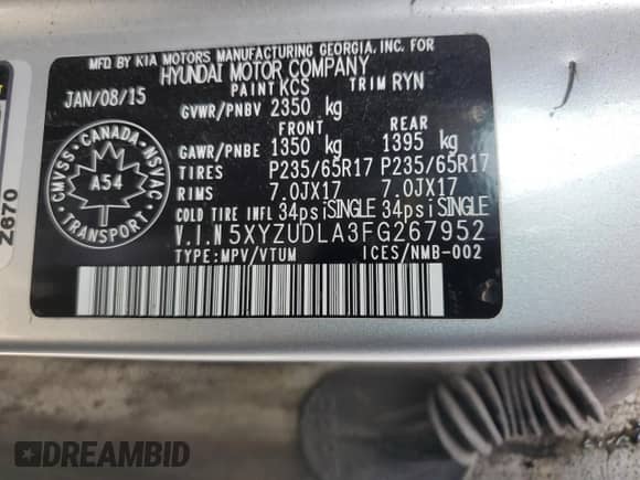 2015 Hyundai Santa Fe с VIN 5XYZUDLA3FG267952, выставлен на аукционе Copart как лот 71675905 с пробегом 170 983 миль миль и Чистый • Clean title. История ставок и продаж доступна на DreamBid. Изображение 14.