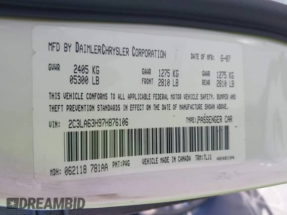 2007 Chrysler 300 C с VIN 2C3LA63H97H876106, выставлен на аукционе IAAI как лот 43046182 с пробегом 62 546 миль миль и . История ставок и продаж доступна на DreamBid. Изображение 9.