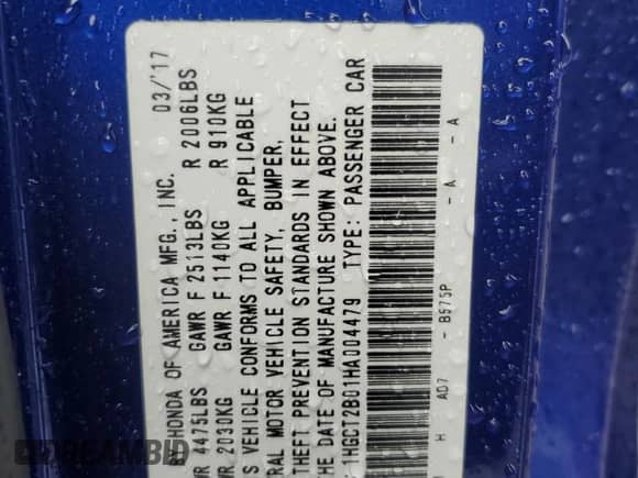 2017 Honda Accord Touring with VIN 1HGCT2B01HA004479, listed as a Copart auction lot 58555375 with 101,678 mi miles and Salvage title. Bid and sale history available at DreamBid. Image 12.