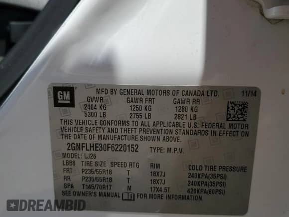 2015 Chevrolet Equinox LTZ with VIN 2GNFLHE30F6220152, listed as a Copart auction lot 68035615 with 64,513 mi miles and Salvage title. Bid and sale history available at DreamBid. Image 13.