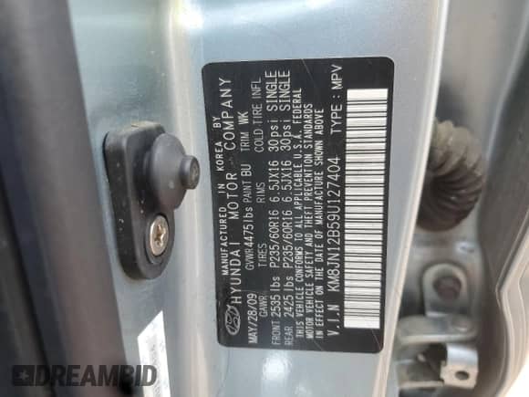 2009 Hyundai Tucson с VIN KM8JN12B59U127404, выставлен на аукционе Copart как лот 64221155 с пробегом 96 122 миль миль и Списание • Salvage title. История ставок и продаж доступна на DreamBid. Изображение 12.