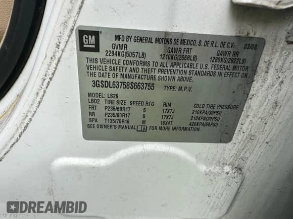 2008 Saturn VUE XR with VIN 3GSDL63758S663755, listed as a Copart auction lot 87371985 with 127,086 mi miles and Clean title. Bid and sale history available at DreamBid. Image 10.