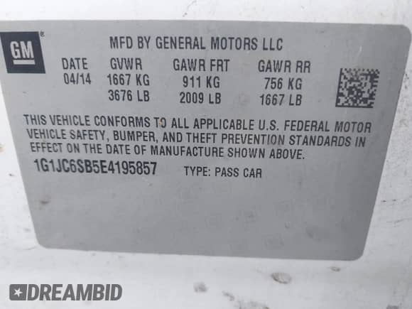 2014 Chevrolet Sonic LT with VIN 1G1JC6SB5E4195857, listed as a IAAI auction lot 43444222 with 168,579 mi miles and . Bid and sale history available at DreamBid. Image 9.