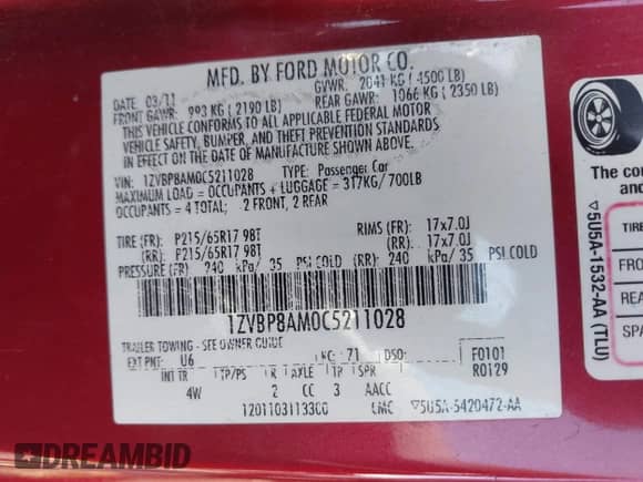 2012 Ford Mustang Premium с VIN 1ZVBP8AM0C5211028, выставлен на аукционе IAAI как лот 41751885 с пробегом 203 355 миль миль и . История ставок и продаж доступна на DreamBid. Изображение 9.