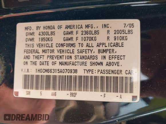 2005 Honda Accord LX with VIN 1HGCM66315A070938, listed as a IAAI auction lot 42357049 with 173,243 mi miles and . Bid and sale history available at DreamBid. Image 9.