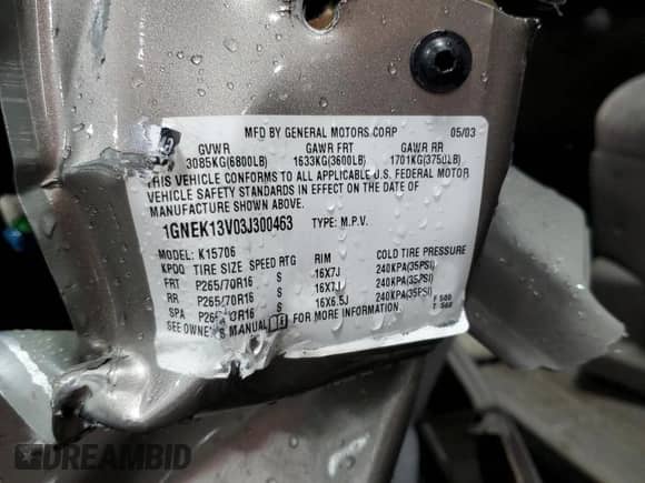 2003 Chevrolet Tahoe LS with VIN 1GNEK13V03J300463, listed as a Copart auction lot 65970125 with 74,950 mi miles and Salvage title. Bid and sale history available at DreamBid. Image 13.