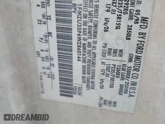 1998 Ford Explorer XLT with VIN 1FMZU35P6WZB60144, listed as a Copart auction lot 90896645 with Not provided miles and Salvage title. Bid and sale history available at DreamBid. Image 13.