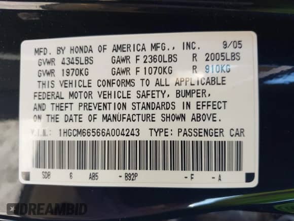 2006 Honda Accord EX-L z VIN 1HGCM66566A004243, wystawiony jako IAAI lot #43417777 z przebiegiem 101 242 mil mil oraz . Historia ofert i sprzedaży dostępna na DreamBid. Obrazek 9.