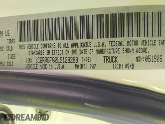 2020 Ram 1500 Tradesman z VIN 1C6RR6FG0LS128288, wystawiony jako IAAI lot #42983689 z przebiegiem 120 280 mil mil oraz . Historia ofert i sprzedaży dostępna na DreamBid. Obrazek 9.