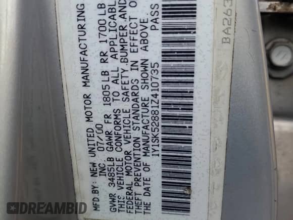 2001 Chevrolet Prizm с VIN 1Y1SK52881Z410735, выставлен на аукционе Copart как лот 88348905 с пробегом 218 435 миль миль и Списание • Salvage title. История ставок и продаж доступна на DreamBid. Изображение 12.