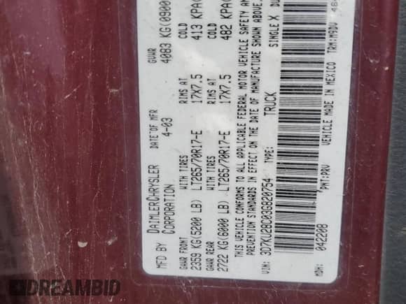 2003 Dodge 2500 ST with VIN 3D7KU28C03G820754, listed as a Copart auction lot 71462175 with Not provided miles and Salvage title. Bid and sale history available at DreamBid. Image 12.