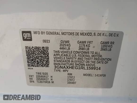 2024 Chevrolet Equinox LS с VIN 3GNAXHEG1RL159914, выставлен на аукционе IAAI как лот 42996612 с пробегом 34 479 миль миль и . История ставок и продаж доступна на DreamBid. Изображение 9.