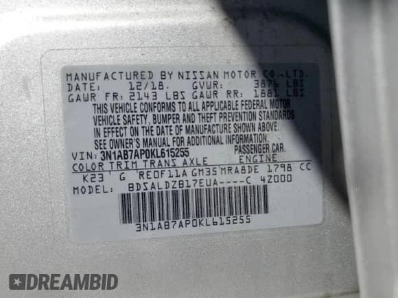 2019 Nissan Sentra SV with VIN 3N1AB7AP0KL615255, listed as a Copart auction lot 85837275 with 91,569 mi miles and Salvage title. Bid and sale history available at DreamBid. Image 13.