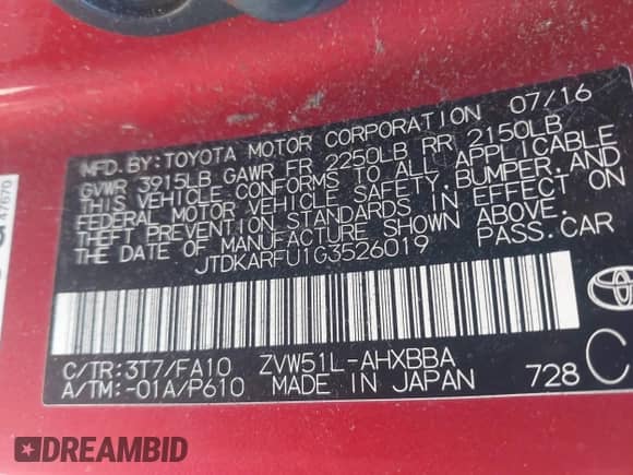 2016 Toyota Prius Three z VIN JTDKARFU1G3526019, wystawiony jako IAAI lot #43351310 z przebiegiem 100 375 mil mil oraz . Historia ofert i sprzedaży dostępna na DreamBid. Obrazek 9.