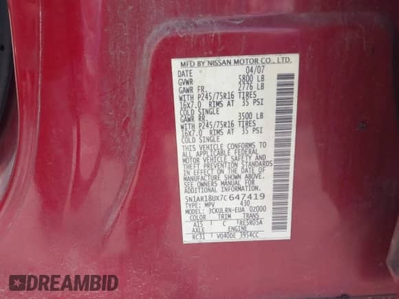 2007 Nissan Pathfinder S с VIN 5N1AR18UX7C647419, выставлен на аукционе IAAI как лот 42121089 с пробегом 120 977 миль миль и . История ставок и продаж доступна на DreamBid. Изображение 8.