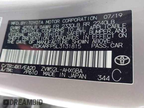 2020 Toyota Prius LE with VIN JTDKARFP5L3131815, listed as a IAAI auction lot 43370535 with 65,133 mi miles and . Bid and sale history available at DreamBid. Image 9.