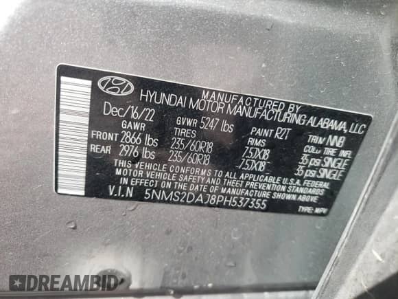 2023 Hyundai Santa Fe SEL с VIN 5NMS2DAJ8PH537355, выставлен на аукционе Copart как лот 69074485 с пробегом 38 923 миль миль и Списание • Salvage title. История ставок и продаж доступна на DreamBid. Изображение 13.