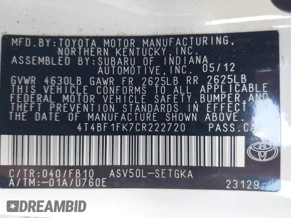 2012 Toyota Camry LE with VIN 4T4BF1FK7CR222720, listed as a IAAI auction lot 43407410 with 103,230 mi miles and . Bid and sale history available at DreamBid. Image 9.