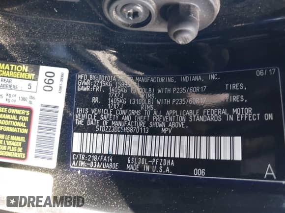 2017 Toyota Sienna L z VIN 5TDZZ3DC5HS870113, wystawiony jako IAAI lot #42485375 z przebiegiem 128 214 mil mil oraz . Historia ofert i sprzedaży dostępna na DreamBid. Obrazek 9.