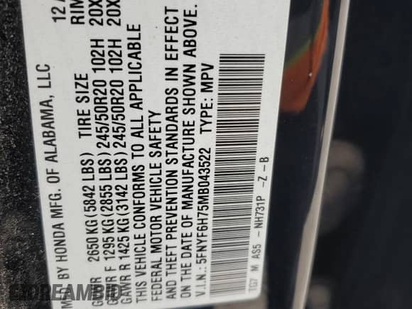 2021 Honda Pilot Black Edition with VIN 5FNYF6H75MB043522, listed as a Copart auction lot 70170255 with 111,877 mi miles and Salvage title. Bid and sale history available at DreamBid. Image 13.