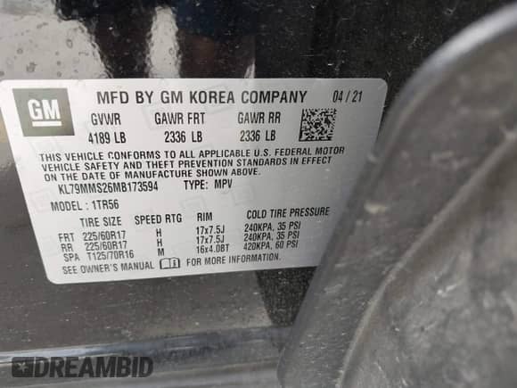 2021 Chevrolet TrailBlazer LS with VIN KL79MMS26MB173594, listed as a IAAI auction lot 42598984 with 32,476 mi miles and . Bid and sale history available at DreamBid. Image 9.