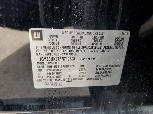 2015 Cadillac Escalade с VIN 1GYS3UKJ7FR719208, выставлен на аукционе Copart как лот 56147214 с пробегом 183 265 миль миль и Списание • Salvage title. История ставок и продаж доступна на DreamBid. Изображение 13.