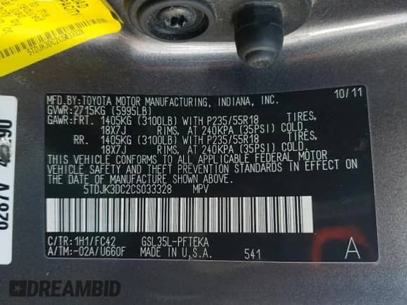 2012 Toyota Sienna LE with VIN 5TDJK3DC2CS033328, listed as a Copart auction lot 62202895 with 169,392 mi miles and Salvage title. Bid and sale history available at DreamBid. Image 14.